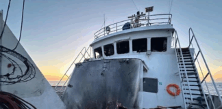 Some of the fire damage in the foredeck of the MV Conscience after the drone attack