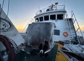 Some of the fire damage in the foredeck of the MV Conscience after the drone attack