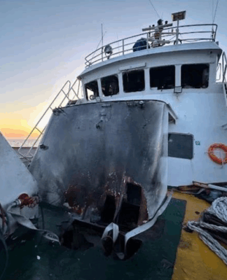 Some of the fire damage in the foredeck of the MV Conscience after the drone attack
