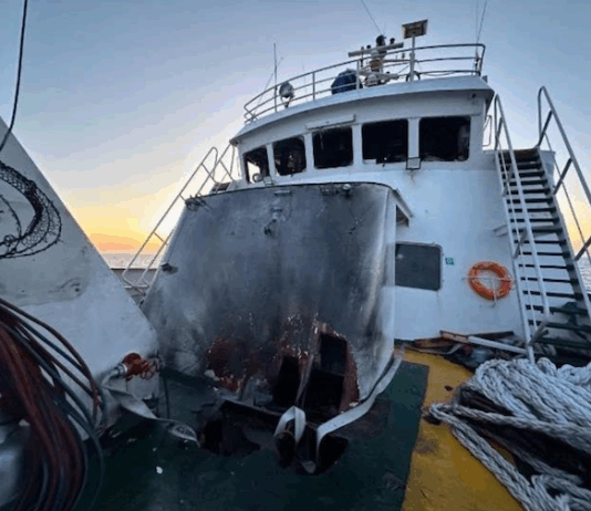 Some of the fire damage in the foredeck of the MV Conscience after the drone attack