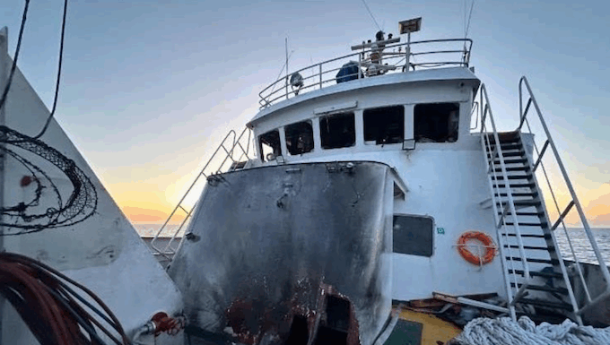 Some of the fire damage in the foredeck of the MV Conscience after the drone attack