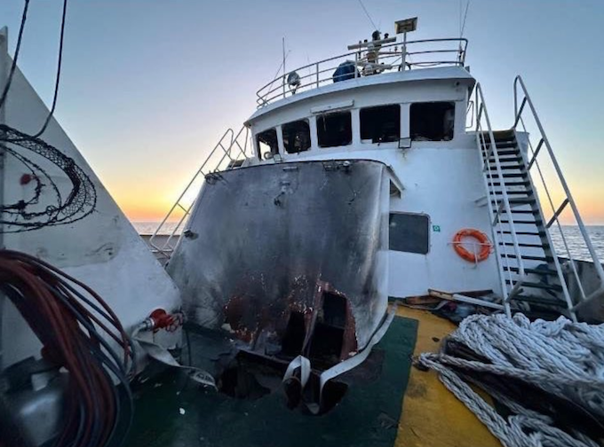 Conscience SN 680wide Some of the fire damage in the foredeck of the MV Conscience after the drone attack