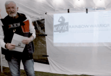 New Zealand journalist and author David Robie talks to Greenpeace activists last month about the Rainbow Warrior bombing and Rongelap voyage