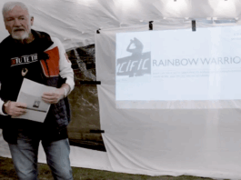 New Zealand journalist and author David Robie talks to Greenpeace activists last month about the Rainbow Warrior bombing and Rongelap voyage