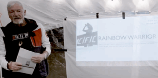 New Zealand journalist and author David Robie talks to Greenpeace activists last month about the Rainbow Warrior bombing and Rongelap voyage
