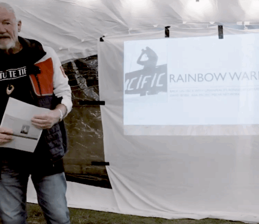 New Zealand journalist and author David Robie talks to Greenpeace activists last month about the Rainbow Warrior bombing and Rongelap voyage