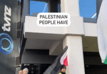 A deputation from Palestine supporters take a letter to TVNZ management on World Press Freedom Day