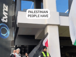 A deputation from Palestine supporters take a letter to TVNZ management on World Press Freedom Day