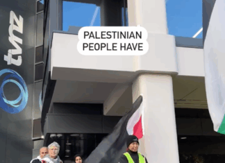 A deputation from Palestine supporters take a letter to TVNZ management on World Press Freedom Day