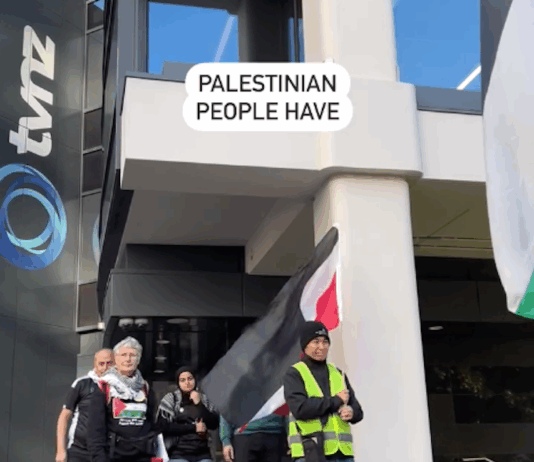 A deputation from Palestine supporters take a letter to TVNZ management on World Press Freedom Day