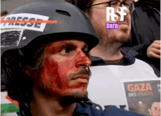 French journalists stage a "die-in" and launch a petition at a solidarity rally for Gazan reporters
