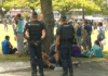 French gendarmes on guard at Noumea's central Place des Cocotiers