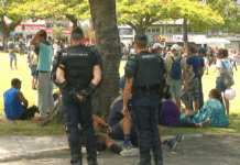 French gendarmes on guard at Noumea's central Place des Cocotiers