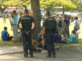French gendarmes on guard at Noumea's central Place des Cocotiers