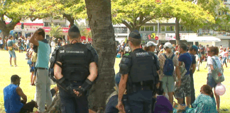 French gendarmes on guard at Noumea's central Place des Cocotiers