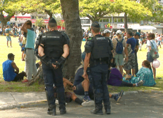 French gendarmes on guard at Noumea's central Place des Cocotiers