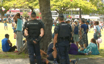 French gendarmes on guard at Noumea's central Place des Cocotiers