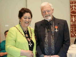 New Zealand's Governor-General, Dame Cindy Kiro, with journalist and educator Dr David Robie at the investiture ceremony