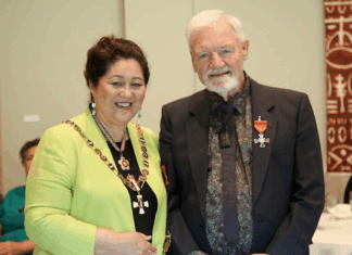New Zealand's Governor-General, Dame Cindy Kiro, with journalist and educator Dr David Robie at the investiture ceremony