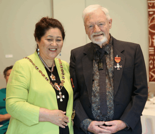New Zealand's Governor-General, Dame Cindy Kiro, with journalist and educator Dr David Robie at the investiture ceremony