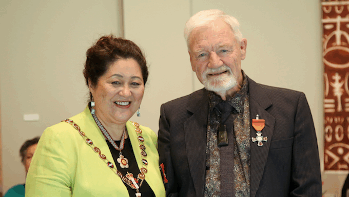 New Zealand's Governor-General, Dame Cindy Kiro, with journalist and educator Dr David Robie at the investiture ceremony