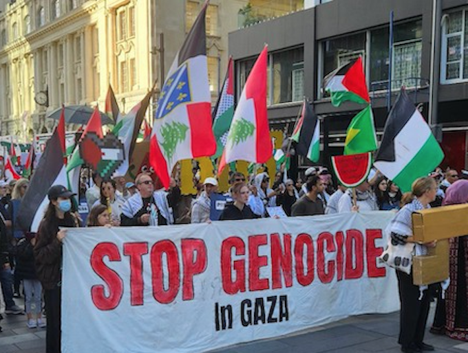 NZ protest Akld APR 680wide A New Zealand protest over Israel's genocide in Gaza in Auckland's Te Komititanga last Saturday