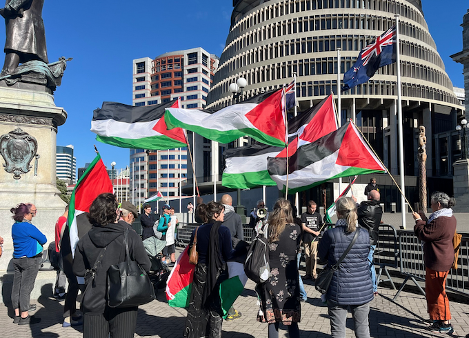 PSNA deputation APR 680wide New Zealand protesters for Palestine delivering PSNA's open letter to Foreign Minister Winston Peters