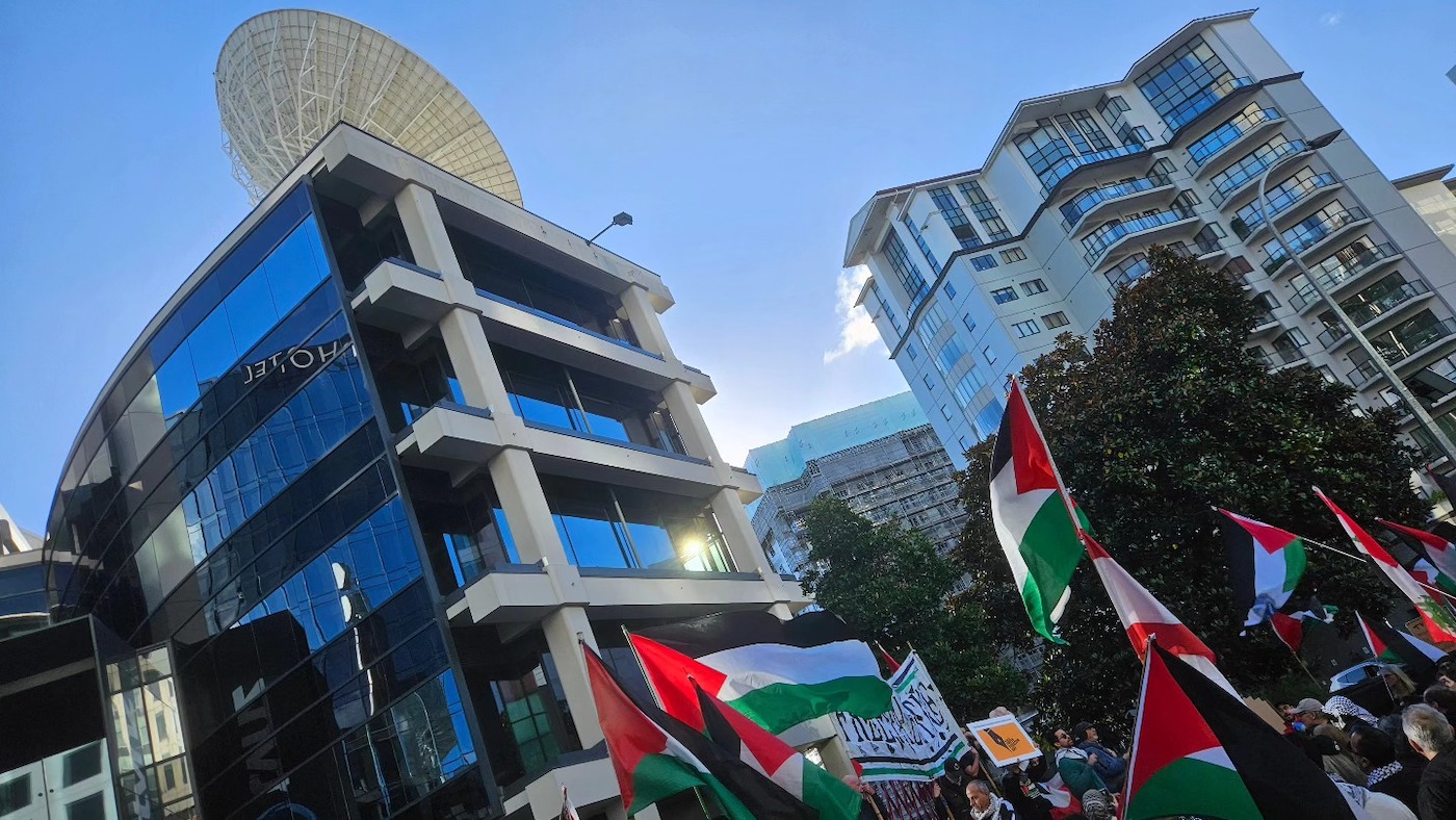 Protesters outside the Television New Zealand headquarters