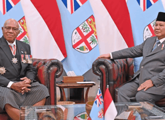 Fiji Prime Minister Sitiveni Rabuka (left) with President Prabowo Subianto at the Merdeka Palace, Jakarta, in April 2025