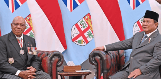 Fiji Prime Minister Sitiveni Rabuka (left) with President Prabowo Subianto at the Merdeka Palace, Jakarta, in April 2025