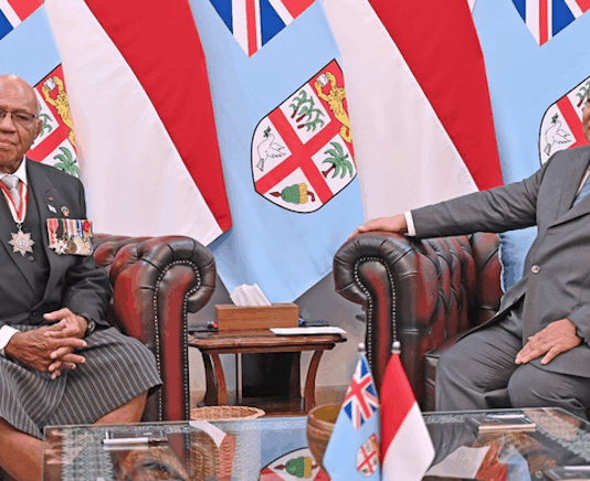 Fiji Prime Minister Sitiveni Rabuka (left) with President Prabowo Subianto at the Merdeka Palace, Jakarta, in April 2025