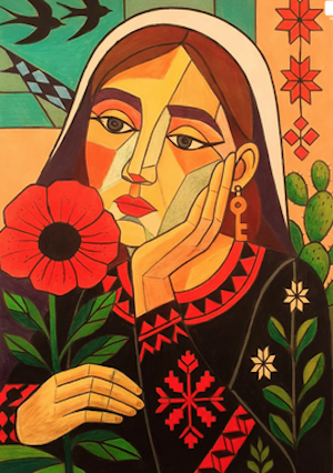 A self-portrait by Palestinian artist Reem Arkan who depicts the suffering of Gaza - and the beauty - in spite of the savagery of the Israel attacks