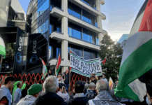 New Zealand protesters outside the headquarters of Television New Zealand
