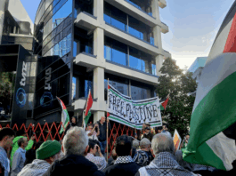 New Zealand protesters outside the headquarters of Television New Zealand