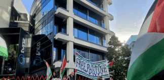 New Zealand protesters outside the headquarters of Television New Zealand