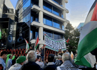 New Zealand protesters outside the headquarters of Television New Zealand