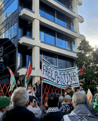 New Zealand protesters outside the headquarters of Television New Zealand