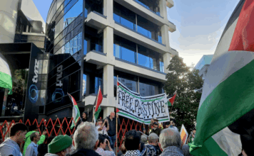New Zealand protesters outside the headquarters of Television New Zealand