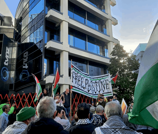 New Zealand protesters outside the headquarters of Television New Zealand