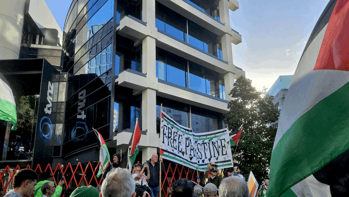 New Zealand protesters outside the headquarters of Television New Zealand
