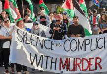 New Zealand protesters in Auckland yesterday condemning the genocide in Gaza