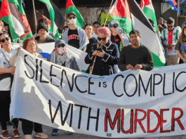 New Zealand protesters in Auckland yesterday condemning the genocide in Gaza