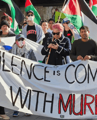 New Zealand protesters in Auckland yesterday condemning the genocide in Gaza