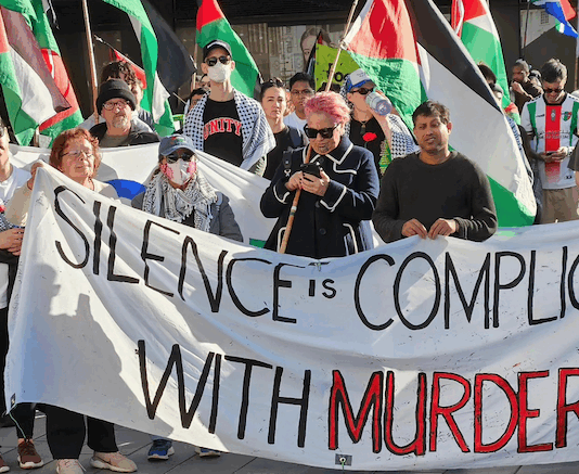 New Zealand protesters in Auckland yesterday condemning the genocide in Gaza