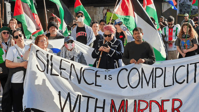 New Zealand protesters in Auckland yesterday condemning the genocide in Gaza