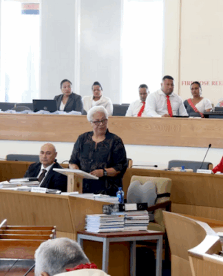 Prime Minister Fiāme Naomi Mata'afa on the floor of Parliament earlier this year