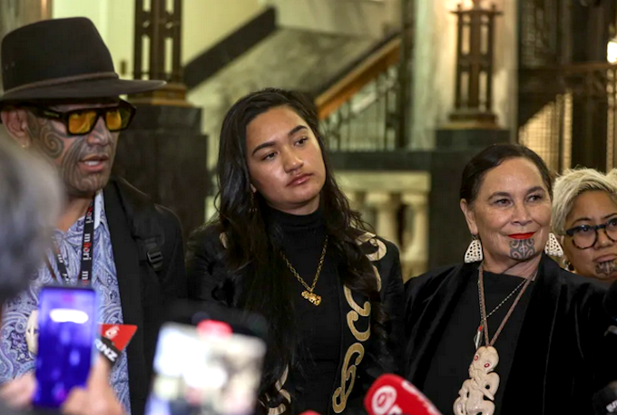 Haka punished RNZ 680wide Te Pāti Māori's Rawiri Waititi (from left), Hana Rāwhiti Maipi-Clarke and Debbie Ngarewa-Packer . . . punished
