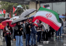 Iranian and Palestinian flags at a solidarity rally in Tāmaki Makaurau Auckland today