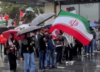 Iranian and Palestinian flags at a solidarity rally in Tāmaki Makaurau Auckland today