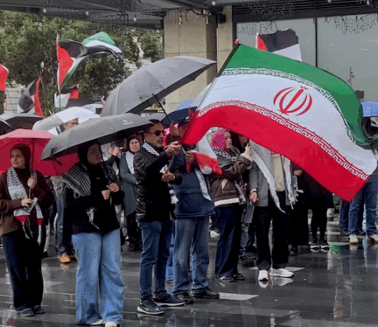 Iranian and Palestinian flags at a solidarity rally in Tāmaki Makaurau Auckland today